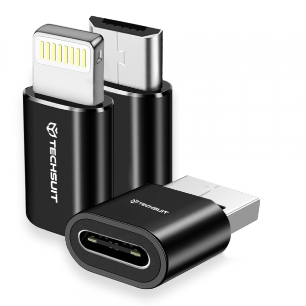 Adaptor Date si Incarcare USB-C - Lightning / microUSB / USB-A Techsuit A19 TriFlashX 3in1, Negru
