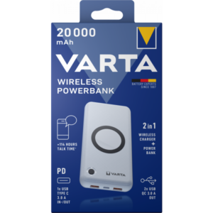 Baterie Externa Wireless Varta Energy, 20000mAh, 18W, QC + PD + FQI, 1 x QI - 1 x USB-C - 2 x USB-A, Alba