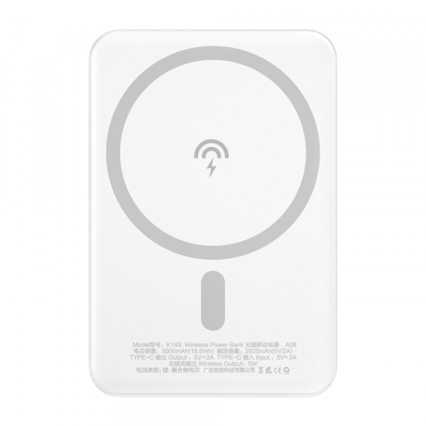Baterie Externa Wireless Dudao K14S, 5000mAh, 10W, PD + QI, 1 x QI - 1 x USB-C, Alba