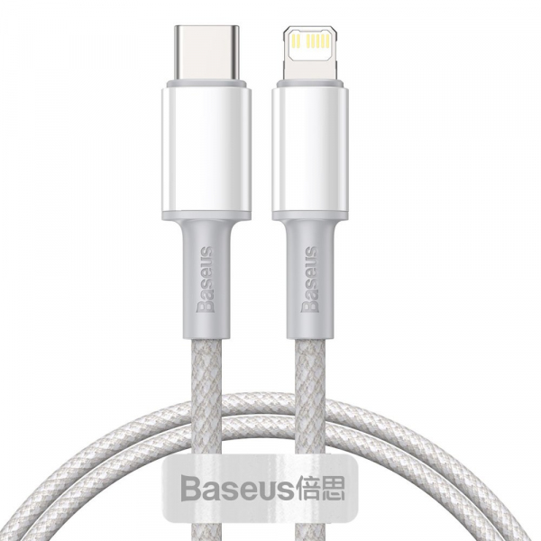 Cablu Date si Incarcare USB-C - Lightning Baseus High Density Braided, 20W, 2m, Alb CATLGD-A02