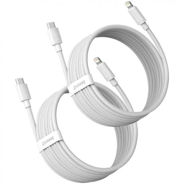 Cablu Date si Incarcare USB-C - Lightning Baseus Simple Wisdom, 20W, 1.5m, Set 2 bucati, Alb TZCATLZJ-02
