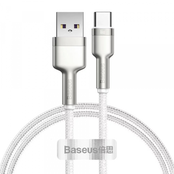 Cablu Date si Incarcare USB-A - USB-C Baseus Cafule Metal Series, 66W, 2m, Alb CAKF000202