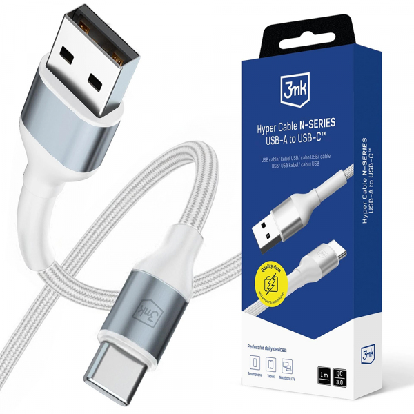 Cablu Date si Incarcare USB-A - USB-C 3MK Hyper N, 18W, 1m, Alb