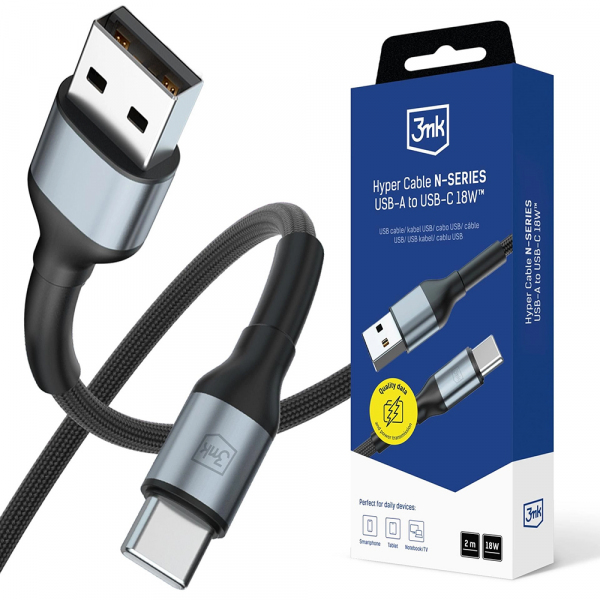 Cablu Date si Incarcare USB-A - USB-C 3MK Hyper N, 18W, 2m, Negru