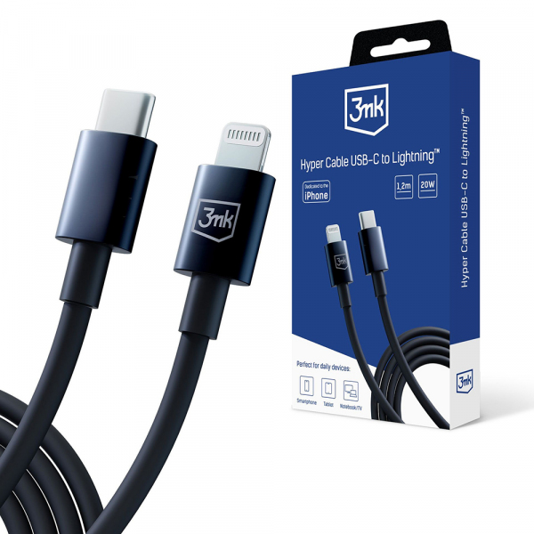 Cablu Date si Incarcare USB-C - Lightning 3MK Hyper, 20W, 1.2m, Negru