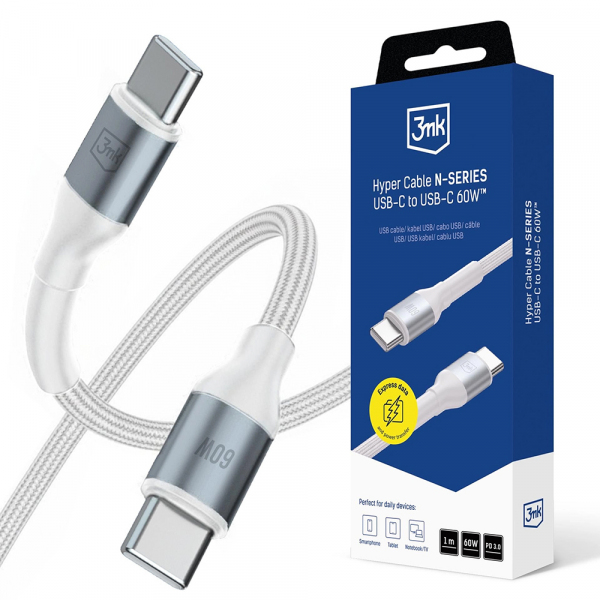 Cablu Date si Incarcare USB-C - USB-C 3MK Hyper N, 60W, 1m, Alb