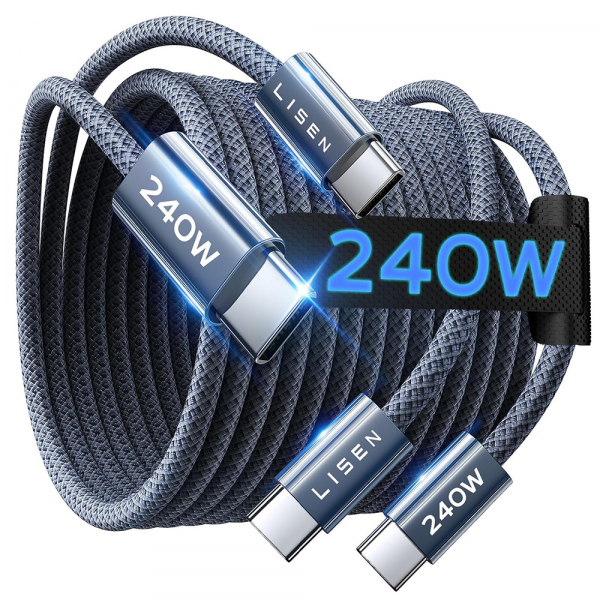 Cablu Date si Incarcare USB-C - USB-C Lisen, 240W, 2m, Set 2 bucati, Bleumarin YL0123070023