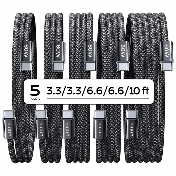 Cablu Date si Incarcare USB-C - USB-C Lisen, 60W, Set 5 bucati (2 x 1m, 2 x 2m, 1 x 3m), Negru YL0123070010