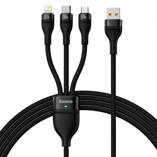 Cablu Incarcare USB-A - Lightning / microUSB / USB-C Baseus Flash Series II 3in1, 100W, 1.2m, Negru CASS030001
