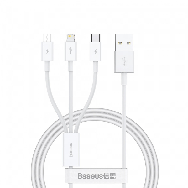 Cablu Incarcare USB-A - Lightning / microUSB / USB-C Baseus Superior 3in1 Series, 20W, 1m, Alb P10320105221-00
