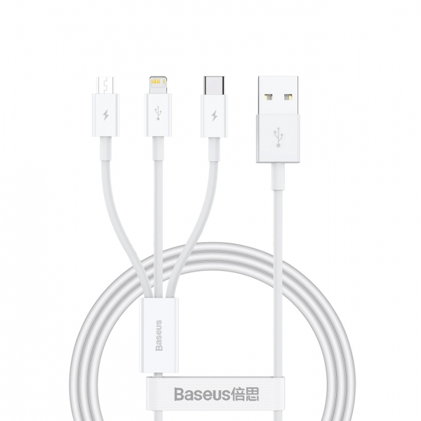 Cablu Incarcare USB-A - Lightning / microUSB / USB-C Baseus Superior 3in1 Series, 20W, 0.5m, Alb P10320105221-01
