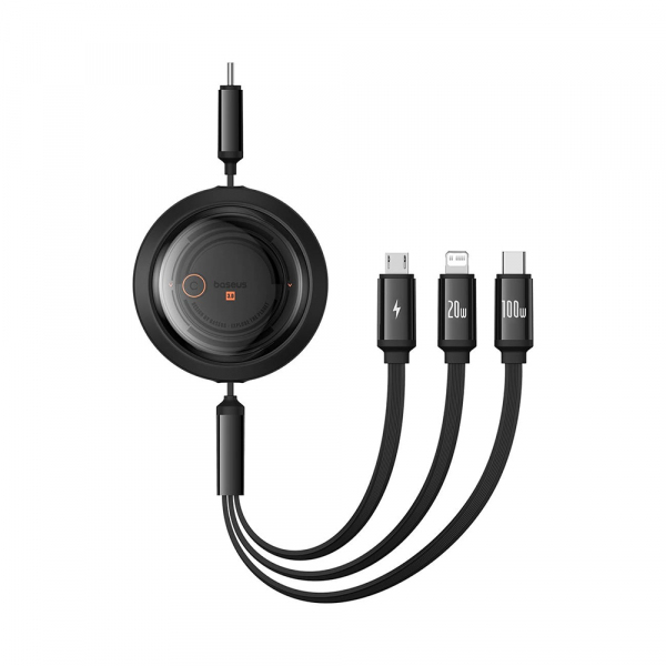 Cablu Incarcare USB-C - Lightning / microUSB / USB-C Baseus Free2Draw Retractable, 100W, 1.1m, Negru P10368700111-04