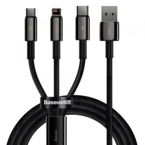 Cablu Incarcare USB-A - Lightning / microUSB / USB-C Baseus Tungsten Gold 3in1, 18W, 1.5m, Negru CAMLTWJ-01