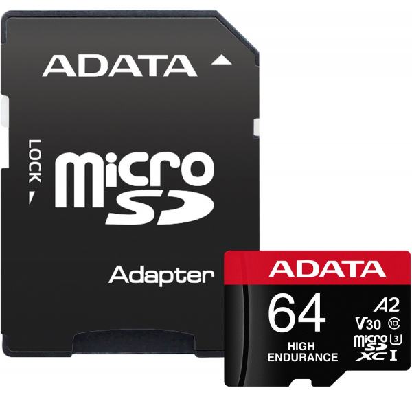 Card Memorie microSDXC Adata High Endurance, 64Gb, Clasa 10 / UHS-1 U3, Cu Adaptor AUSDX64GUI3V30SHA2-RA1