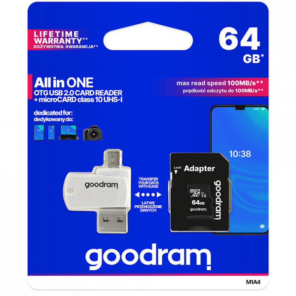 Card Memorie microSDXC GoodRam, 64Gb, Clasa 10 / UHS-1 U1, Cu Cititor Card si Adaptor M1A4-0640R12