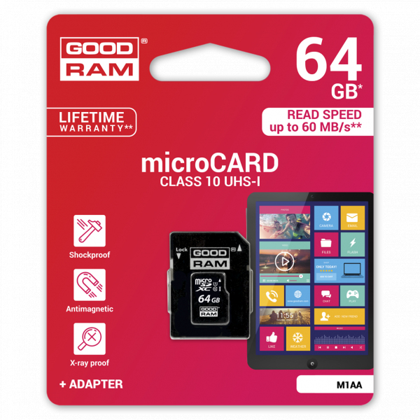 Card Memorie microSDXC GoodRam, 64Gb, Clasa 10 / UHS-1 U1, Cu Adaptor M1AA-0640R12