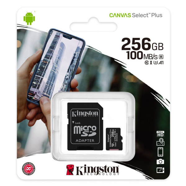 Card Memorie microSDXC Kingston Canvas Select Plus Android A1, 256Gb, Clasa 10 / UHS-1 U3, Cu Adaptor SDCS2/256GB