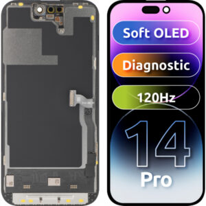 Display cu Touchscreen MP compatibil cu Apple iPhone 14 Pro, cu Rama, Versiune Soft OLED FHD 120Hz Diagnostic, Negru