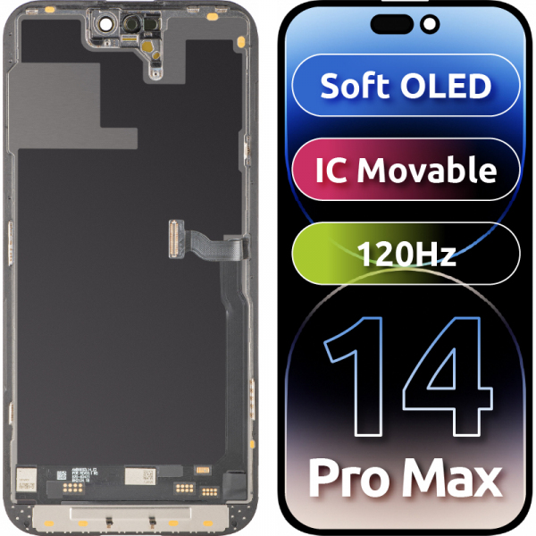 Display cu Touchscreen MP compatibil cu Apple iPhone 14 Pro Max, cu Rama, Versiune Soft OLED FHD 120Hz IC Movable, Negru