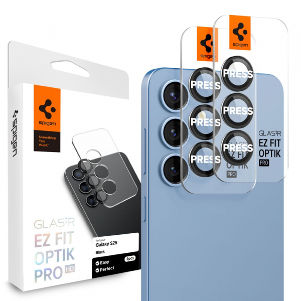 Folie de protectie Camera Spate Spigen GlastR EZ FIT Optik Pro HD pentru Samsung Galaxy S25+ S936, Sticla Securizata, Set 2 bucati, Neagra AGL09088