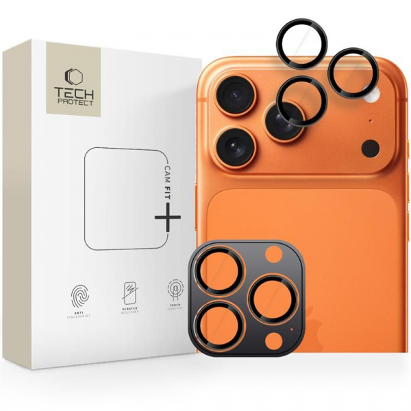Folie de protectie Camera Spate Tech-Protect CamRing Fit+ pentru Apple iPhone 18 Pro Max / 17 Pro Max / 18 Pro / 17 Pro / 16 Pro Max, Sticla Securizata, Portocalie