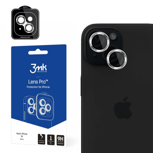 Folie de protectie Camera Spate 3MK Protection Pro pentru Apple iPhone 15, Sticla Securizata, Argintie