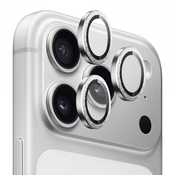 Folie de protectie Camera Spate Blueo Glitter Diamond Metal Frame pentru Apple iPhone 18 Pro Max / 17 Pro Max / 18 Pro / 17 Pro, Sticla Securizata, Argintie