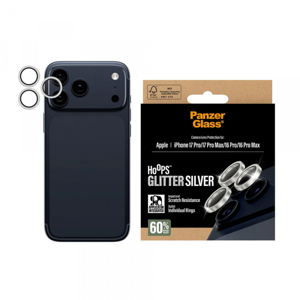 Folie de protectie Camera Spate PanzerGlass Hoops Glitter pentru Apple iPhone 18 Pro Max / 17 Pro Max / 18 Pro / 17 Pro / 16 Pro Max / 16 Pro, Sticla Securizata, Argintie