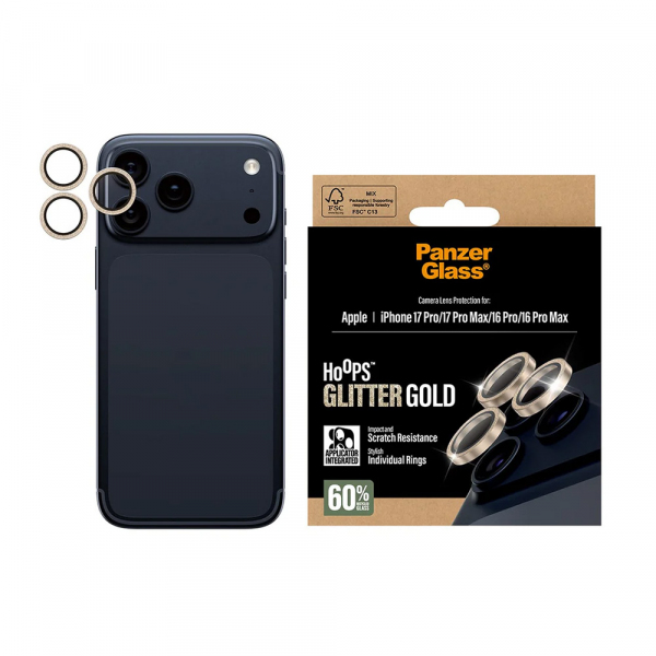 Folie de protectie Camera Spate PanzerGlass Hoops Glitter pentru Apple iPhone 18 Pro Max / 17 Pro Max / 18 Pro / 17 Pro / 16 Pro Max / 16 Pro, Sticla Securizata, Aurie
