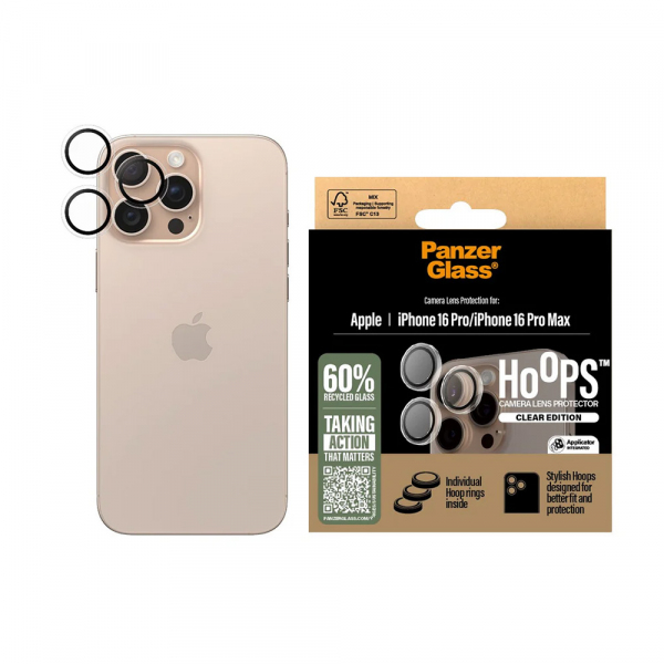 Folie de protectie Camera Spate PanzerGlass Hoops pentru Apple iPhone 16 Pro Max / 16 Pro, Sticla Securizata, Transparenta