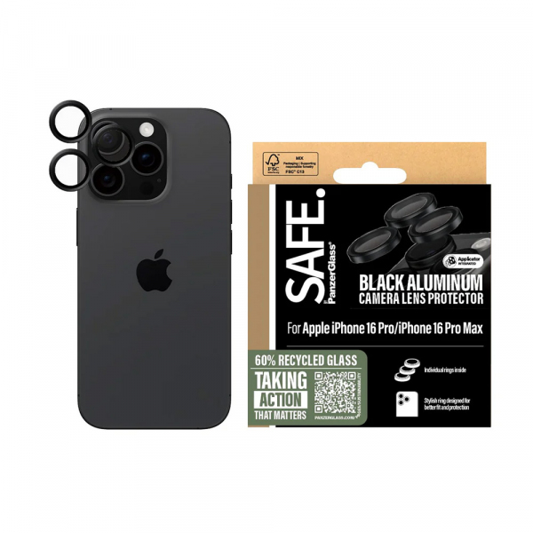 Folie de protectie Camera Spate PanzerGlass Safe. pentru Apple iPhone 16 Pro Max / 16 Pro, Sticla Securizata, Neagra