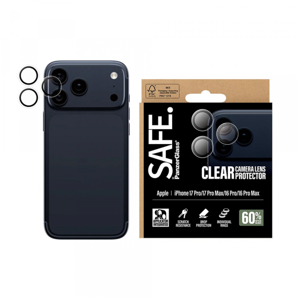 Folie de protectie Camera Spate PanzerGlass Safe. pentru Apple iPhone 18 Pro Max / 17 Pro Max / 18 Pro / 17 Pro / 16 Pro Max / 16 Pro, Sticla Securizata, Transparenta