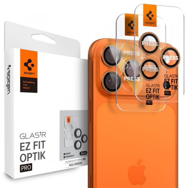 Folie de protectie Camera Spate Spigen GlastR EZ FIT Optik Pro pentru Apple iPhone 18 Pro Max / 17 Pro Max / 18 Pro / 17 Pro, Sticla Securizata, Set 2 bucati, Portocalie