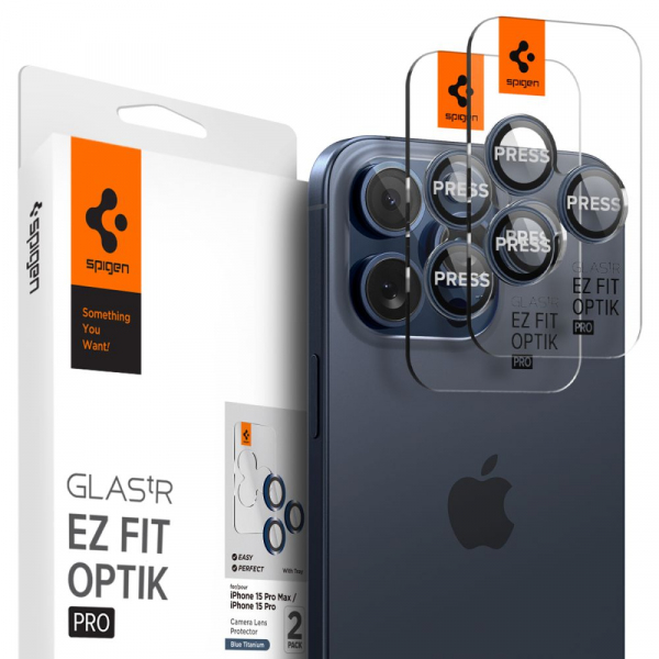 Folie de protectie Camera Spate Spigen GlastR EZ FIT Optik Pro pentru Apple iPhone 16 Pro Max / 16 Pro, Sticla Securizata, Set 2 bucati, Albastra