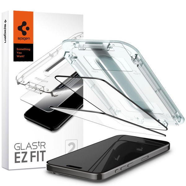 Folie de protectie Ecran Spigen GlastR EZ FIT pentru Apple iPhone 15 Pro Max, Sticla Securizata, Full Glue, Set 2 bucati, Neagra AGL06873
