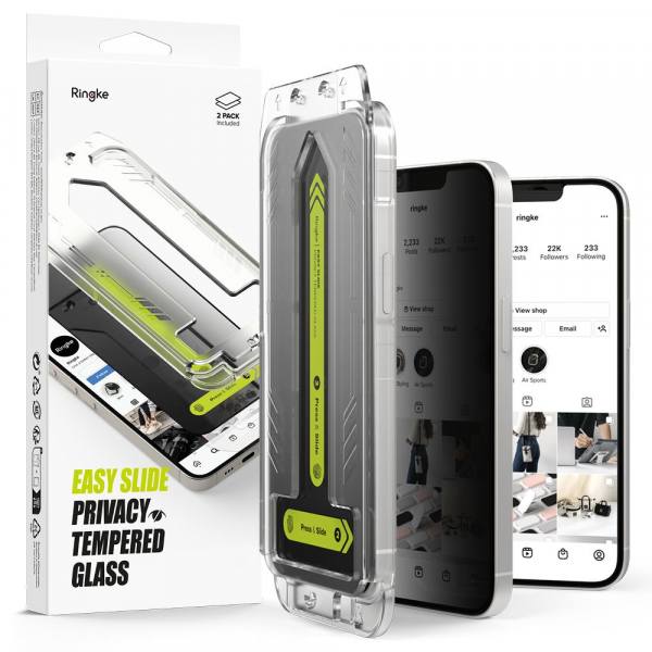 Folie de protectie Ecran Privacy Ringke Easy Slide pentru Apple iPhone 17e / 16e / 14 / 13 Pro, Sticla Securizata, Full Glue, Set 2 bucati