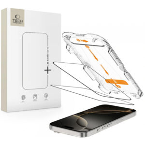 Folie de protectie Ecran Tech-Protect Quick Set+ pentru Apple iPhone 16 Pro, Sticla Securizata, Full Glue, Set 2 bucati, Neagra