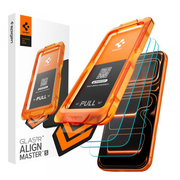 Folie de protectie Ecran Spigen GlastR Align Master Slim pentru Apple iPhone 18 Pro / 17 Pro, Sticla Securizata, Full Glue, Set 3 bucati AGL10103
