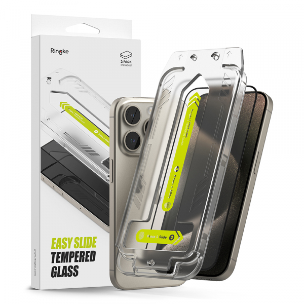Folie de protectie Ecran Ringke Easy Slide pentru Apple iPhone 15 Pro Max, Sticla Securizata, Full Glue, Set 2 bucati, Neagra