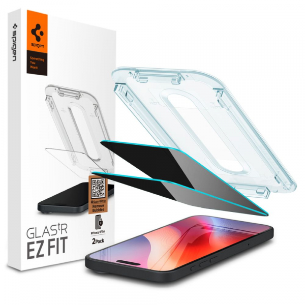 Folie de protectie Ecran Privacy Spigen GlastR EZ FIT pentru Apple iPhone 18 Pro / 17 Pro / 17 / 16 Pro, Sticla Securizata, Full Glue, Set 2 bucati AGL07929