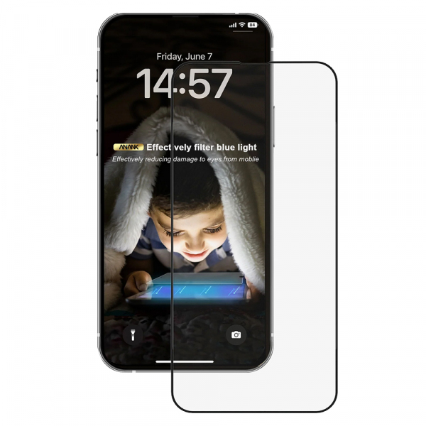 Folie de protectie Ecran Anti Blue Light Anank pentru Apple iPhone 15, Sticla Securizata, Full Glue, 2.5D, Neagra