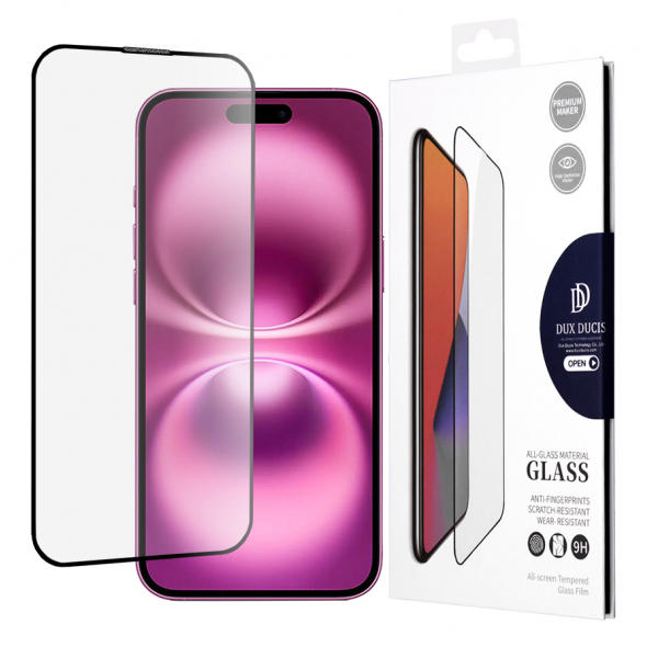 Folie de protectie Ecran DUX DUCIS pentru Apple iPhone 16 Plus, Sticla Securizata, Edge Glue, Neagra