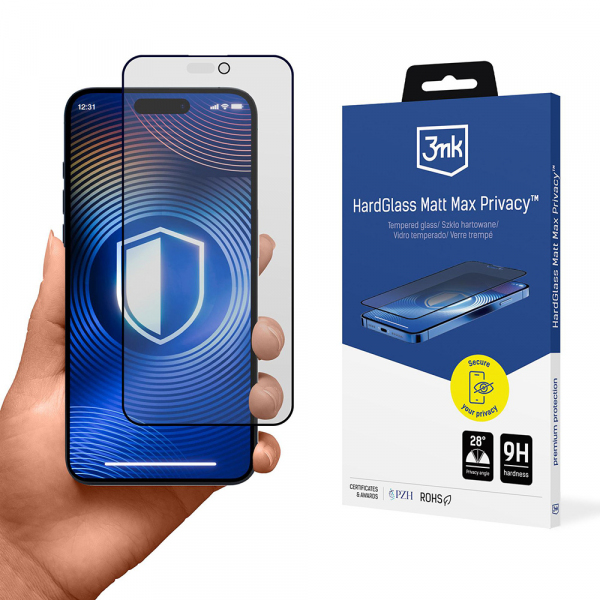 Folie de protectie Ecran Matte Privacy 3MK HardGlass Max pentru Apple iPhone 18 Pro / 17 Pro, Sticla Securizata, Full Glue
