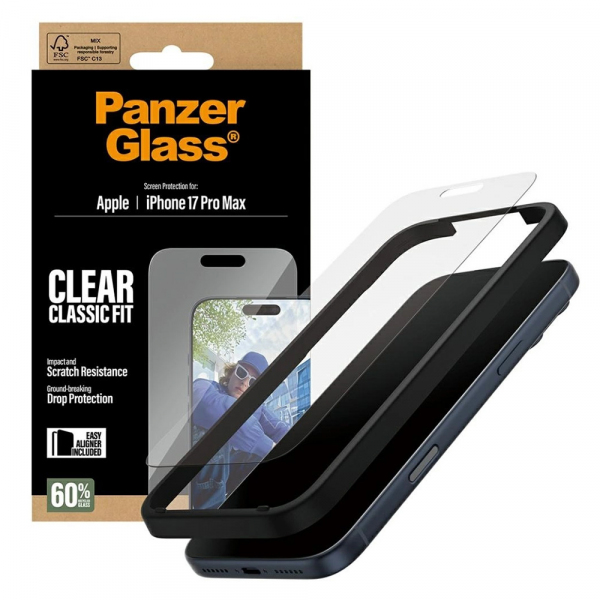 Folie de protectie Ecran PanzerGlass Classic Fit EasyAligner pentru Apple 17 Pro Max, Sticla Securizata, Full Glue