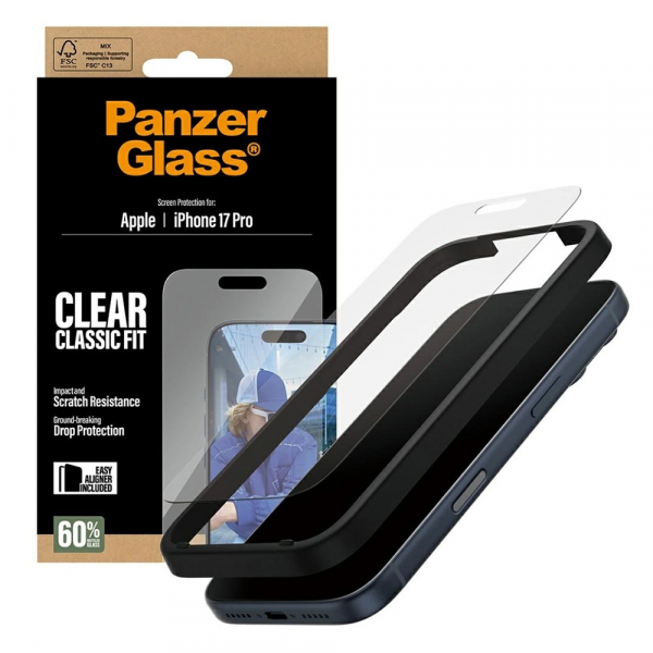 Folie de protectie Ecran PanzerGlass Classic Fit EasyAligner pentru Apple iPhone 18 Pro / 17 Pro, Sticla Securizata, Full Glue