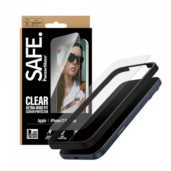 Folie de protectie Ecran PanzerGlass Safe. Ultra-Wide Fit EasyAligner pentru Apple 17 Pro Max, Sticla Securizata, Full Glue