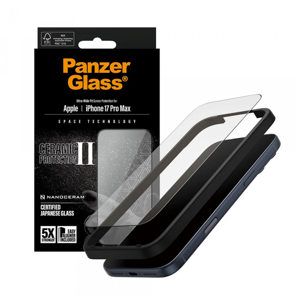 Folie de protectie Ecran PanzerGlass Ultra-Wide Ceramic II EasyAligner pentru Apple 17 Pro Max, Sticla Securizata, Full Glue, Neagra