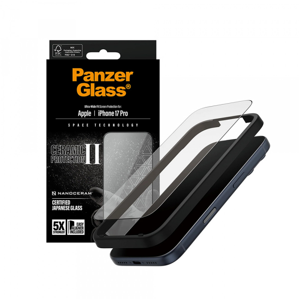 Folie de protectie Ecran PanzerGlass Ultra-Wide Ceramic II EasyAligner pentru Apple iPhone 18 Pro / 17 Pro, Sticla Securizata, Full Glue, Neagra