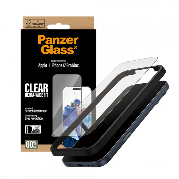 Folie de protectie Ecran PanzerGlass Ultra-Wide Fit EasyAligner pentru Apple 17 Pro Max, Sticla Securizata, Full Glue, Neagra