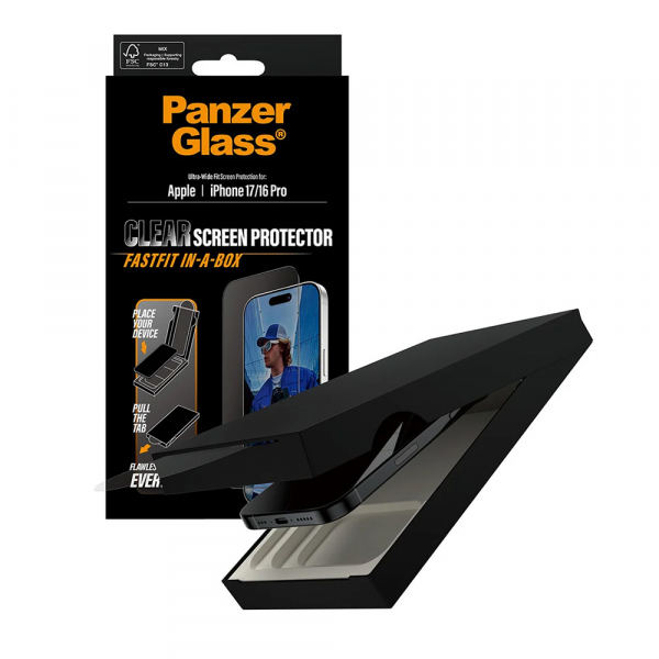 Folie de protectie Ecran PanzerGlass Ultra-Wide Fit Fastfit pentru Apple iPhone 17 / 16 Pro, Sticla Securizata, Full Glue, Neagra